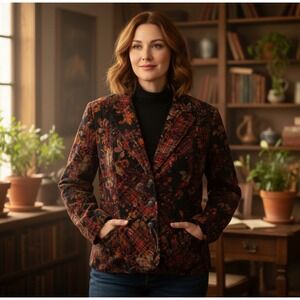 Coldwater Creek Tapestry‎ Floral Plaid Blazer 16 Brown Cotton Office Autumn Cozy